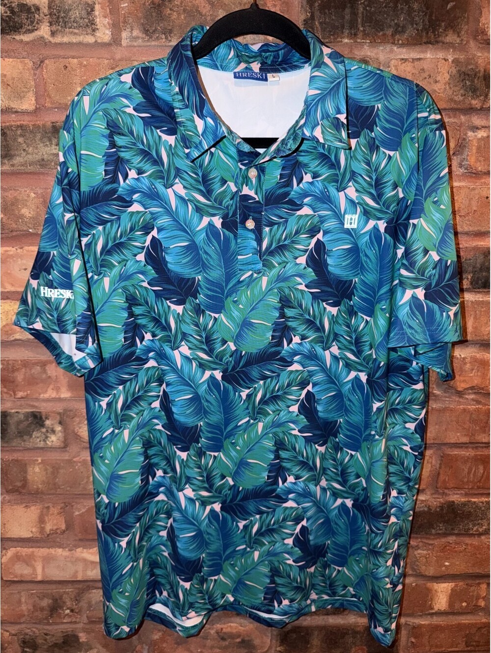 HRESKI Men's Large Golf Polo Shirt Performance Stretch Blue Floral Leaves Green